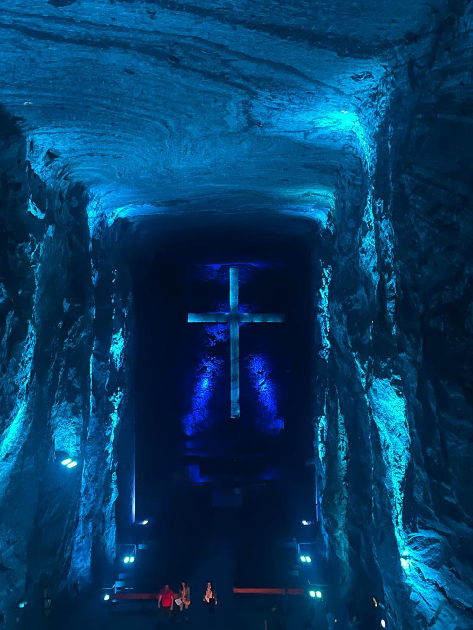 Illuminated rock passage inside the Salt Cathedral of Zipaquirá