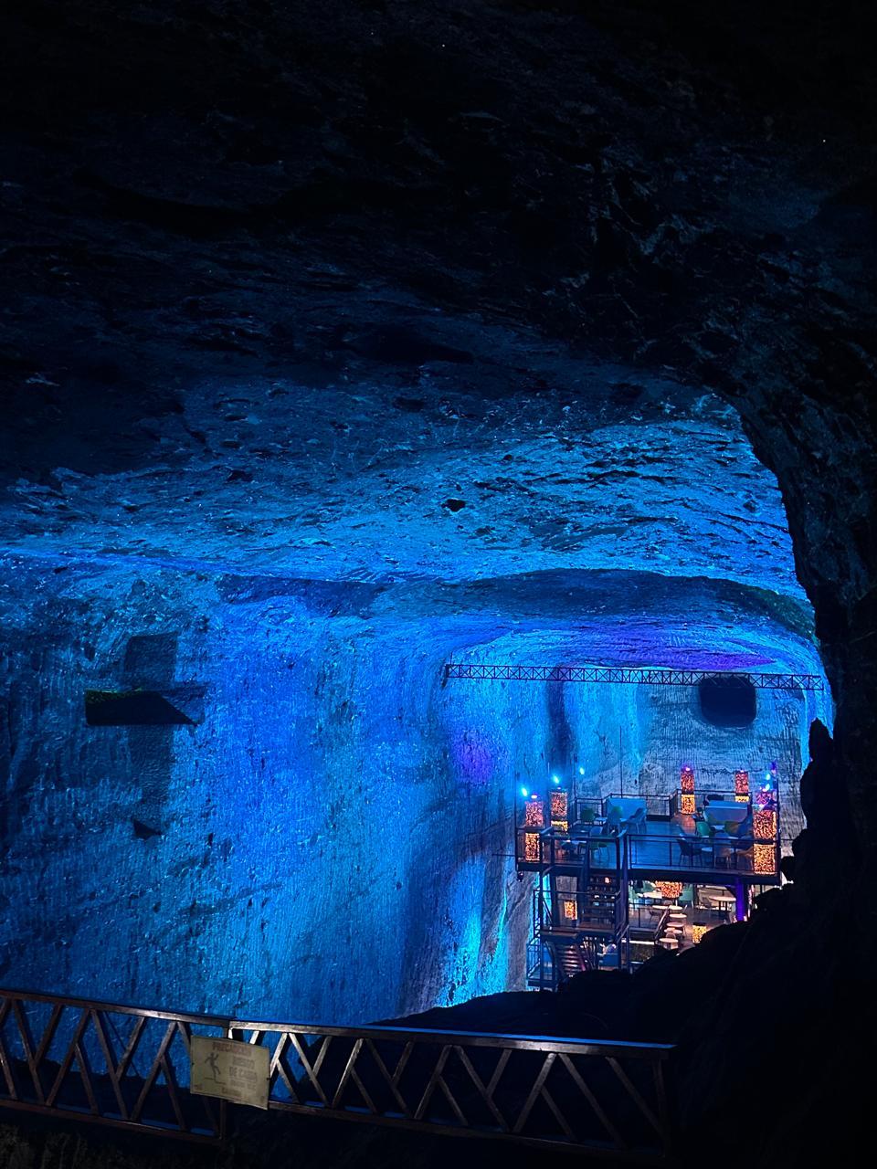 Blue illuminated chamber inside the Salt Cathedral